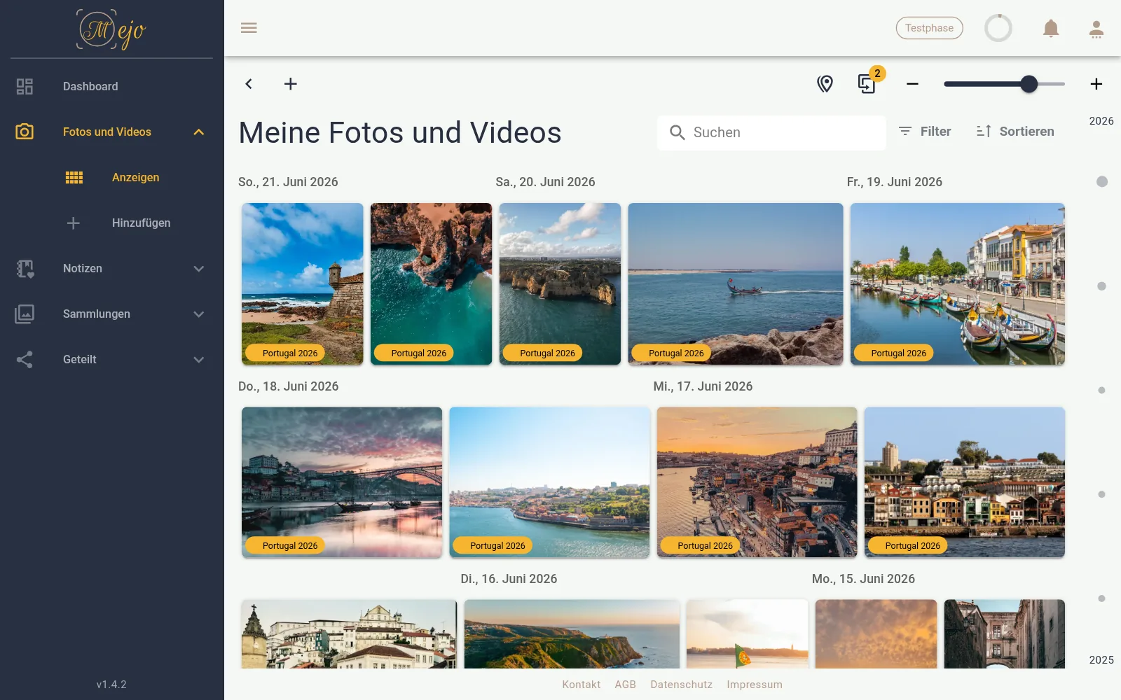 Die Galerie in Mejo mit Fotos einer Reise, nach Tagen gruppiert