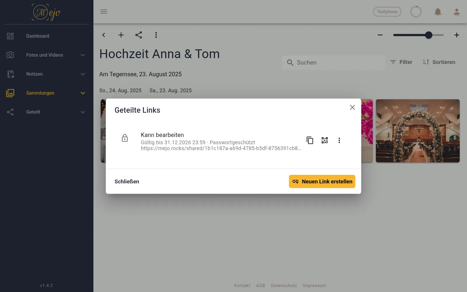 Freigabe einer Sammlung in Mejo: Link mit Passwort, Ablaufdatum und Schreibrecht