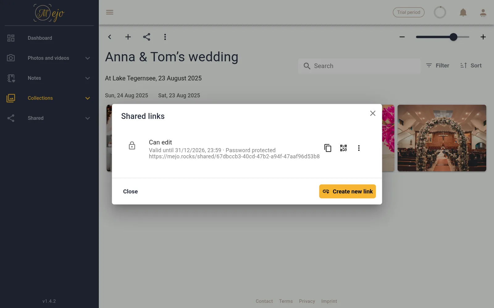 Sharing a collection in Mejo: link with password, expiry date and edit permission
